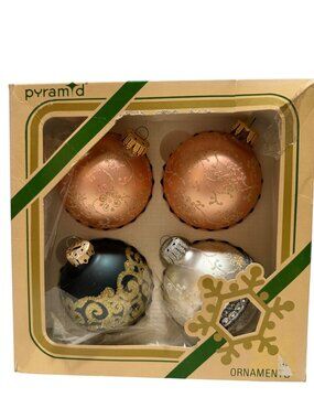 Pyramid Set Of 4 Christmas Vintage Glass Ornaments Glitter Gold Teal Silver